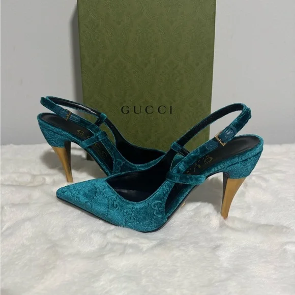 Gucci Blue Velvet Slingback Heels - Picture 2 of 10
